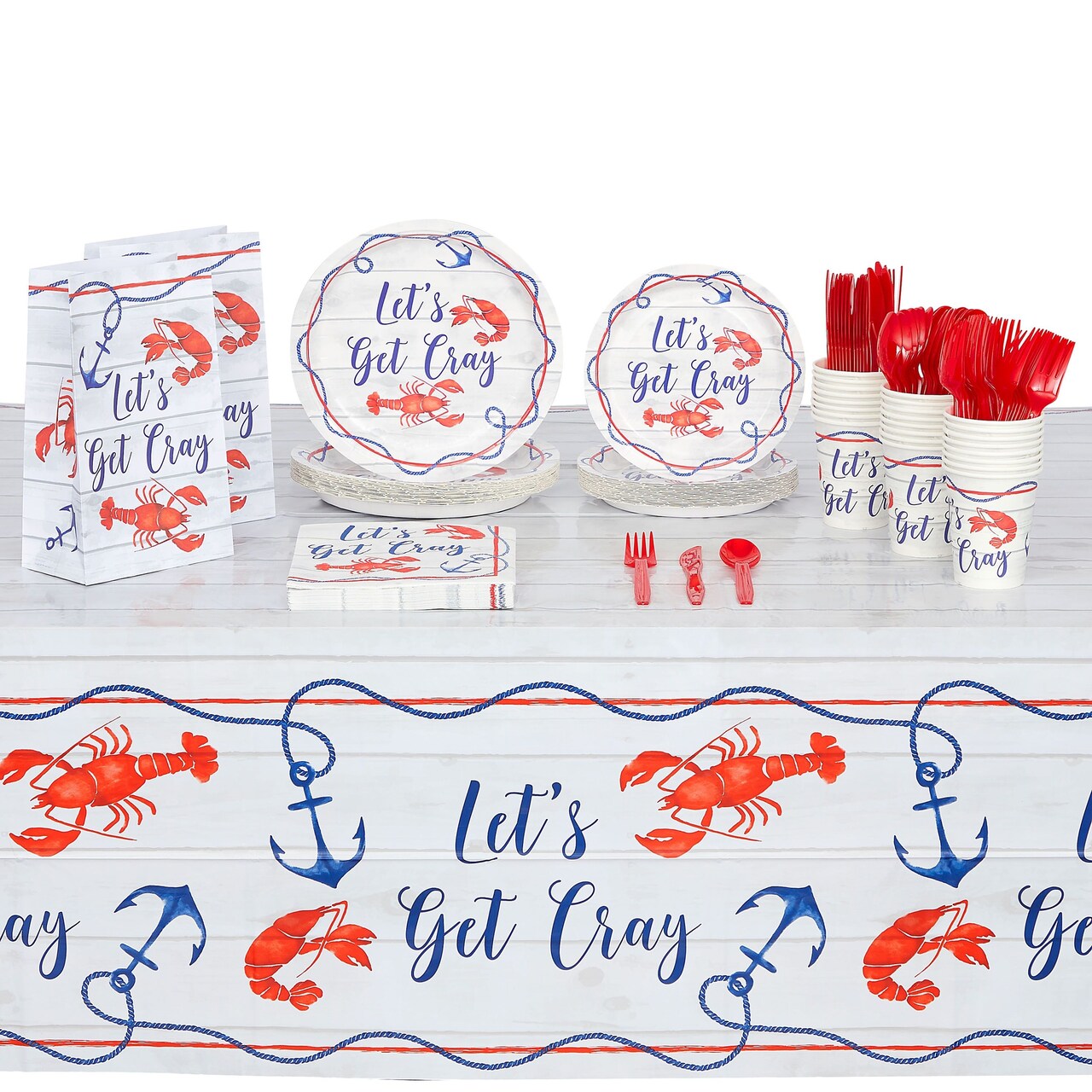 183 Piece Crawfish Boil Party Supplies Set for 24 Guests, Plates, Napkins,  Cutlery, Cups, Treat Bags, Tablecloths, Banner